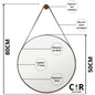 Espelho Redondo Decorativo com Alça de Couro 40cm 50cm 60cm para Sala Banheiro Quarto + Suporte