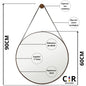 Espelho Redondo Decorativo com Alça de Couro 40cm 50cm 60cm para Sala Banheiro Quarto + Suporte
