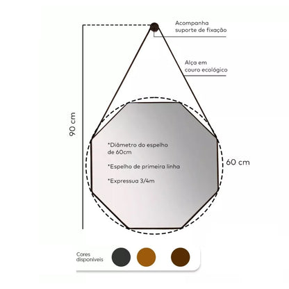 Espelho Octogonal Premium com Alça em Couro 40, 50 e 60cm + Suporte para Fixação