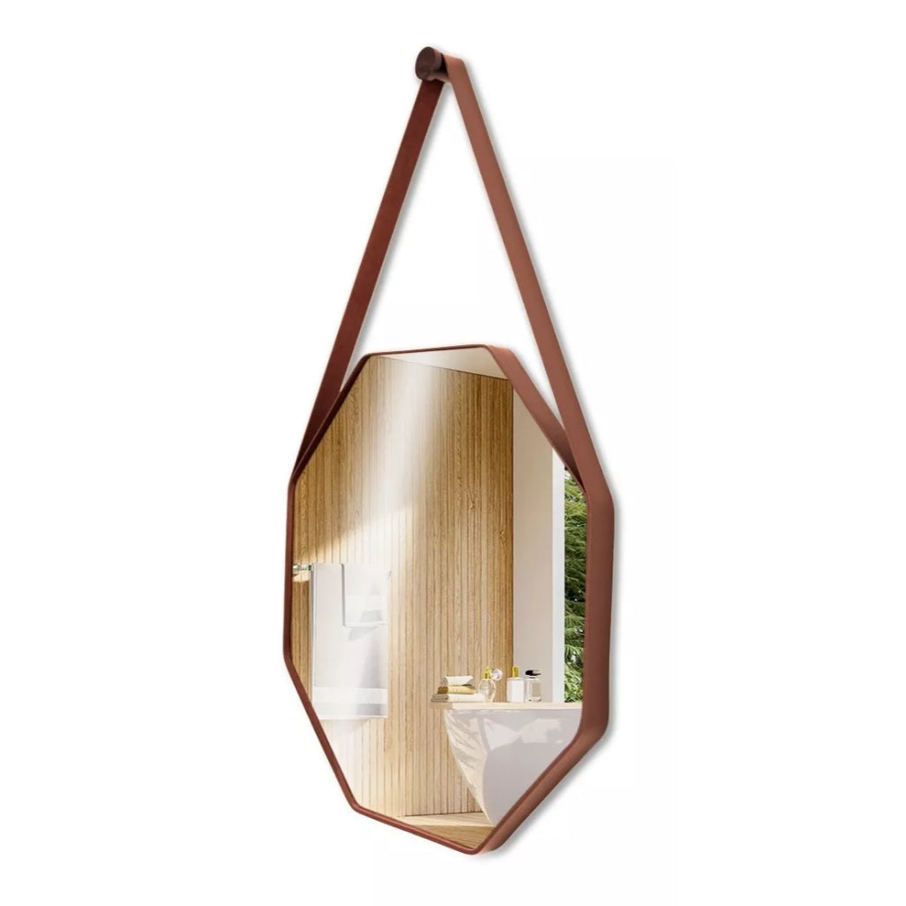 Espelho Octogonal Premium com Alça em Couro 40, 50 e 60cm + Suporte para Fixação