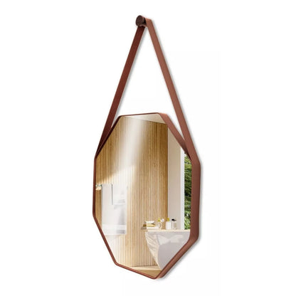 Espelho Octogonal Premium com Alça em Couro 40, 50 e 60cm + Suporte para Fixação