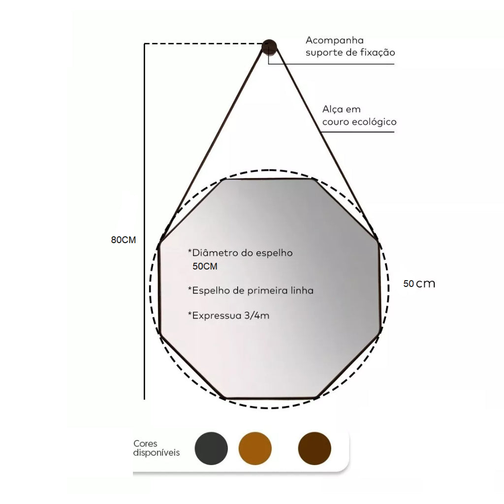 Espelho Octogonal Premium com Alça em Couro 40, 50 e 60cm + Suporte para Fixação