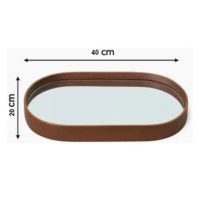 Bandeja Espelhada Oval Decoração Luxo em Cristal c/ Couro