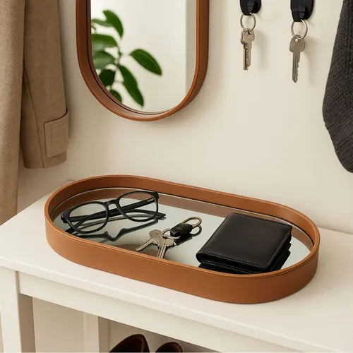 Bandeja Espelhada Oval Decoração Luxo em Cristal c/ Couro