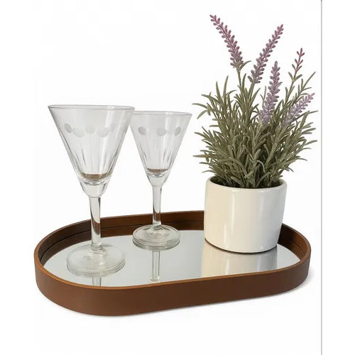 Bandeja Espelhada Oval Decoração Luxo em Cristal c/ Couro
