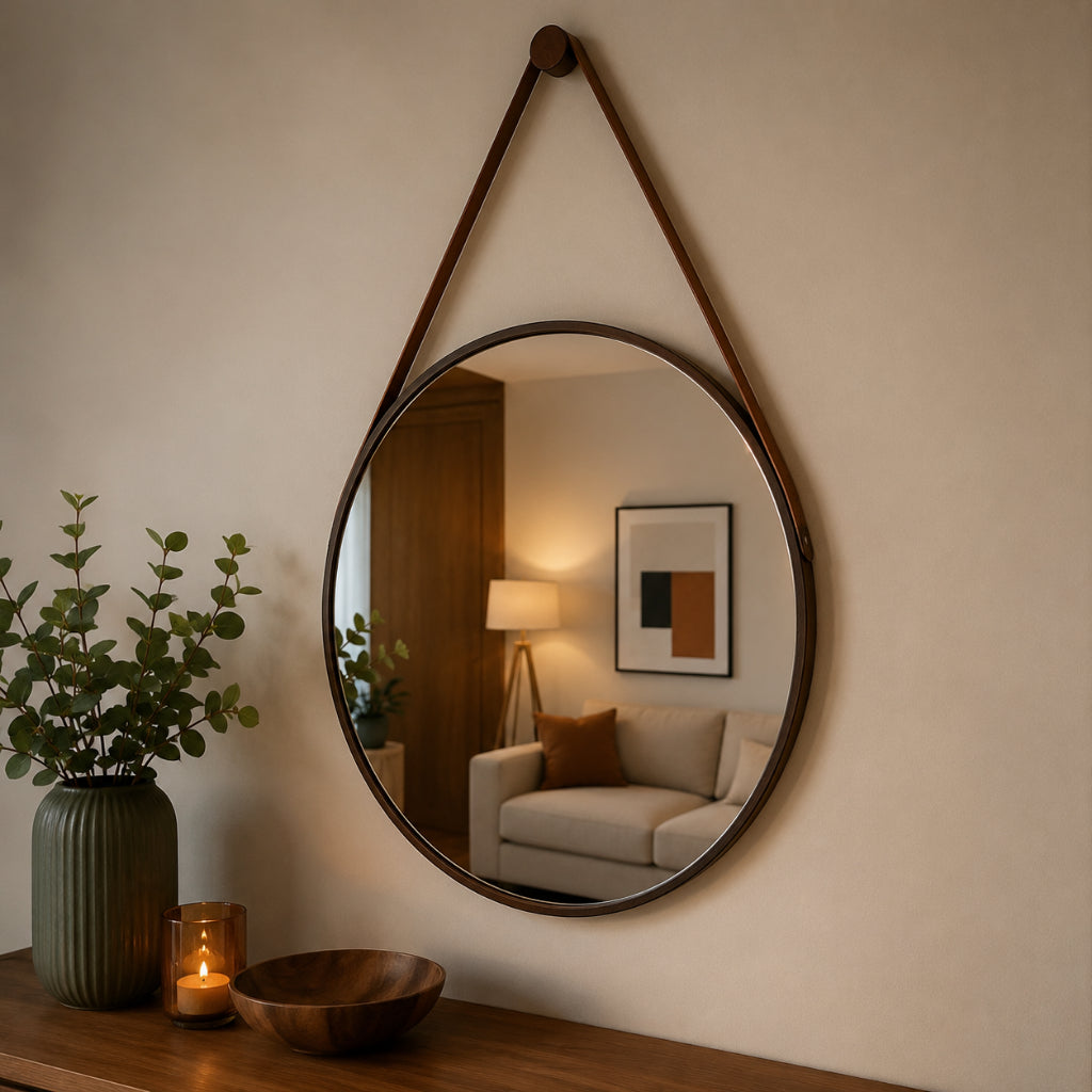 Espelho Redondo Decorativo com Alça de Couro 40cm 50cm 60cm para Sala Banheiro Quarto + Suporte