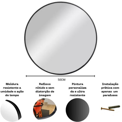 Espelho Decorativo Redondo 60, 50, 40cm C/ couro + Suporte de Fixação
