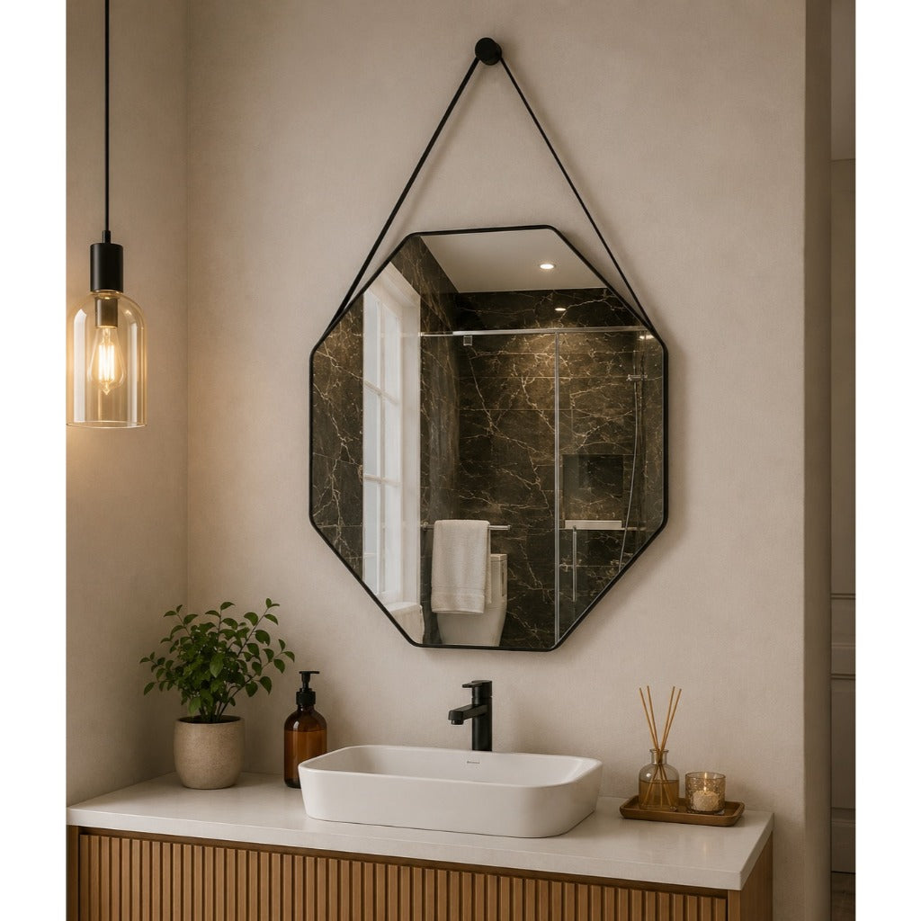 Espelho Octogonal Premium com Alça em Couro 40, 50 e 60cm + Suporte para Fixação