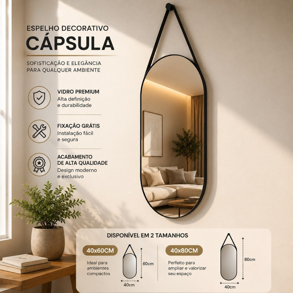 Espelho Cápsula com Alça Moderno Premium + Fixação Grátis (40x80 e 40x60)