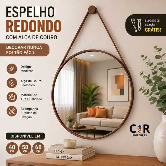 Espelho Redondo Decorativo com Alça de Couro 40cm 50cm 60cm para Sala Banheiro Quarto + Suporte