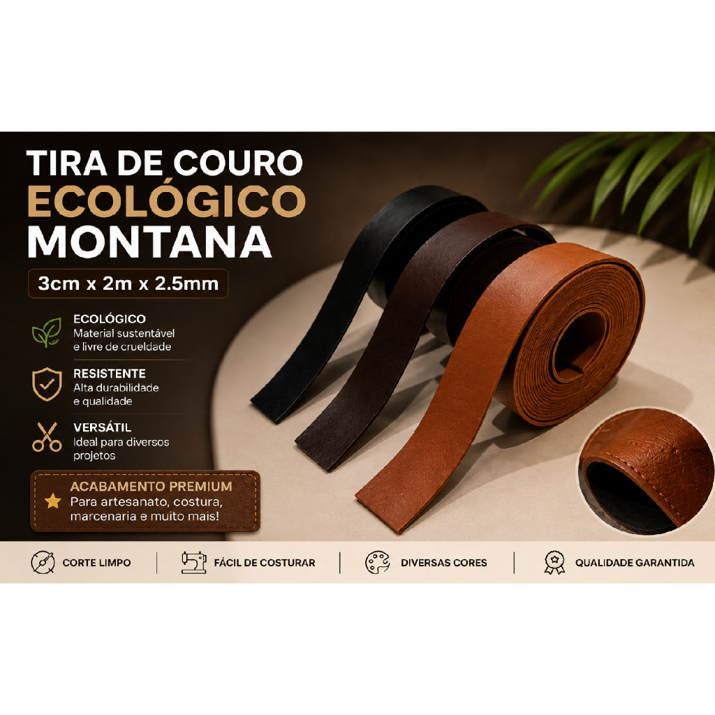 Tira de Couro Ecológico Montana 3cm x 2m x 2,5mm | Com ou Sem Costura | Artesanato, Alça para Bolsa e Cinto