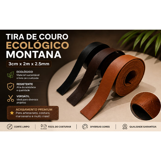 Tira de Couro Ecológico Montana 3cm x 2m x 2,5mm | Com ou Sem Costura | Artesanato, Alça para Bolsa e Cinto