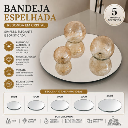 Bandeja Espelhada Redonda em Cristal para Decoração | Centro de Mesa | Porta Velas | 14cm, 19cm, 24cm, 29cm e 39cm