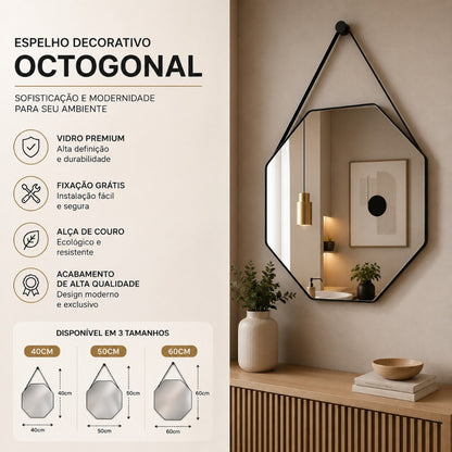 Espelho Octogonal Premium com Alça em Couro 40, 50 e 60cm + Suporte para Fixação