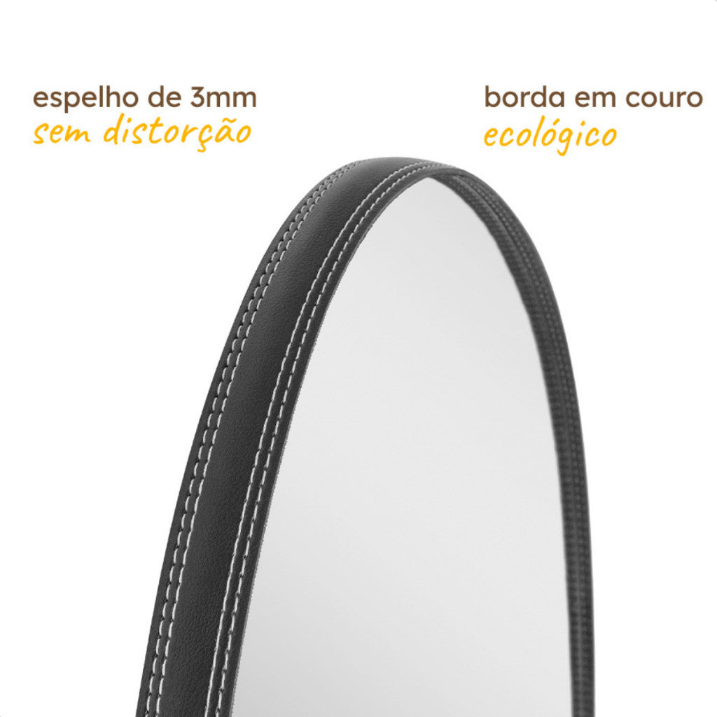 Espelho Decorativo Redondo 60, 50, 40cm C/ couro + Suporte de Fixação