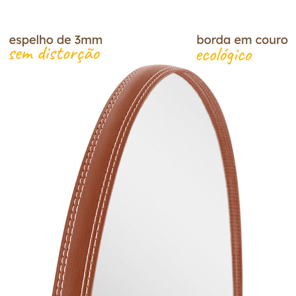Espelho Decorativo Redondo 60, 50, 40cm C/ couro + Suporte de Fixação