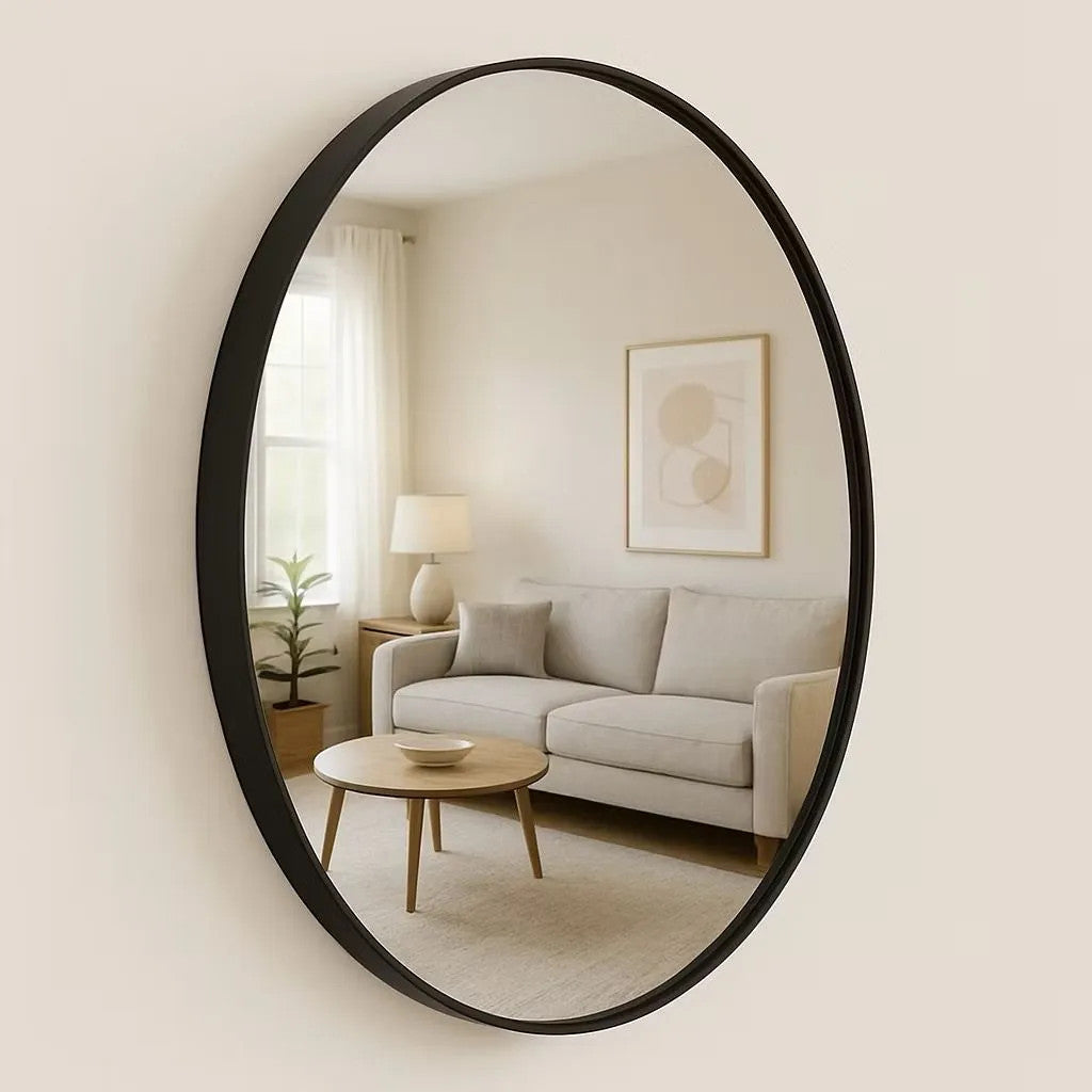 Espelho Decorativo Redondo 60, 50, 40cm C/ couro + Suporte de Fixação